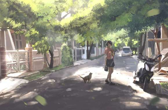 Tranquil Anime Street with Cat - wallpapers hd quality