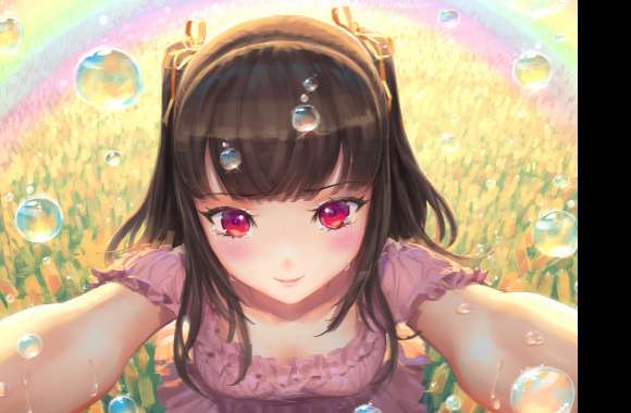 Twintails Rainbow Water Drop Flower Field Brown Hair Long Hair Red Eyes Blush Tears Anime Original wallpapers hd quality