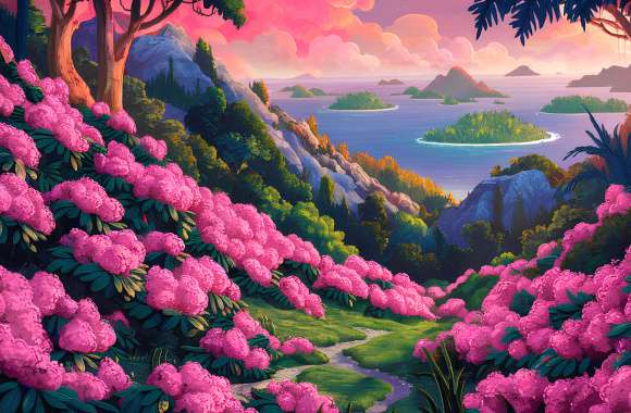 Vibrant Tropical Landscape with Pink Flowers