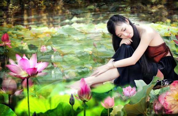 Vietnamese Woman with Lotus in Pond - wallpapers hd quality