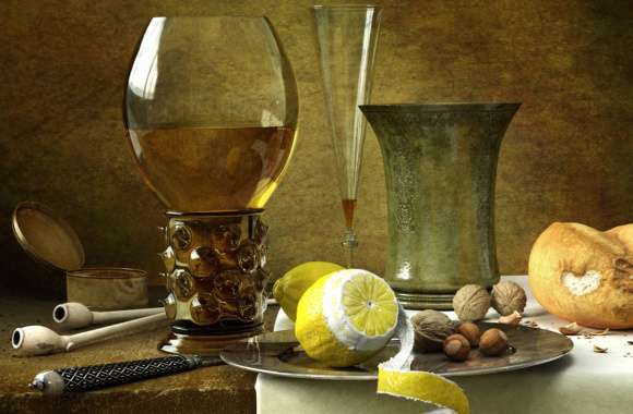 Vintage Still Life with Lemons and Almonds -