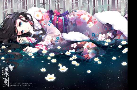 Water Long Hair Flower Kimono Black Hair Blue Eyes Anime Original Wallpaper