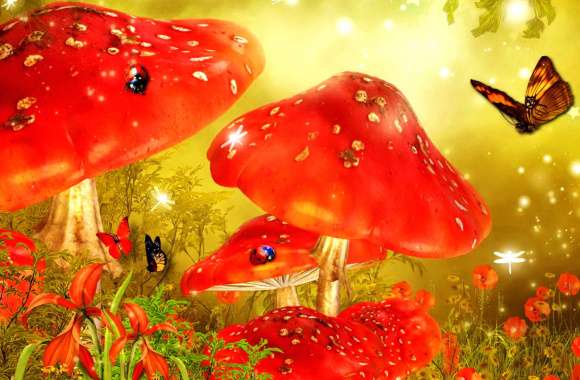 Whimsical Red Forest A of Flowers, Butterflies, and Mushrooms