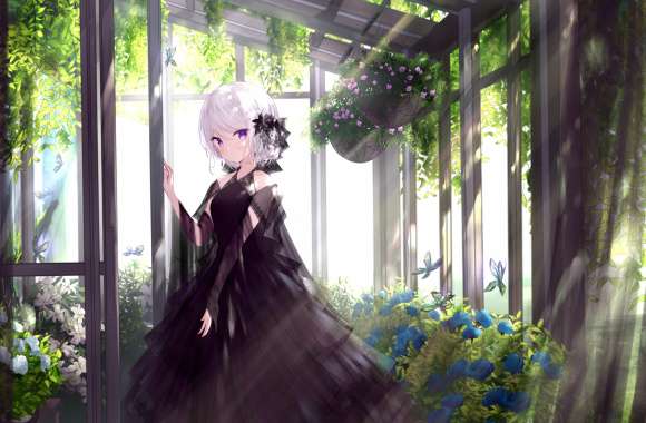 White-Haired Anime Girl in Garden -