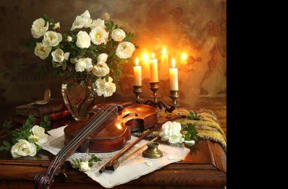 White Flower Book Candle Vase Violin Flower Photography Still Life