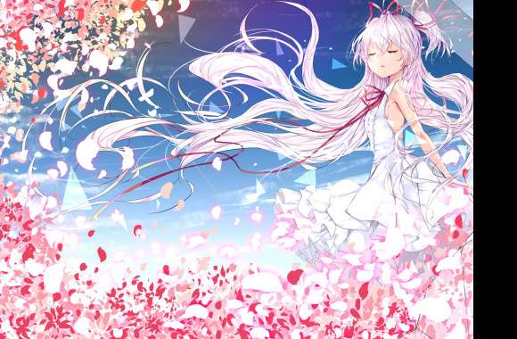 White Hair Flower Dress Anime Original