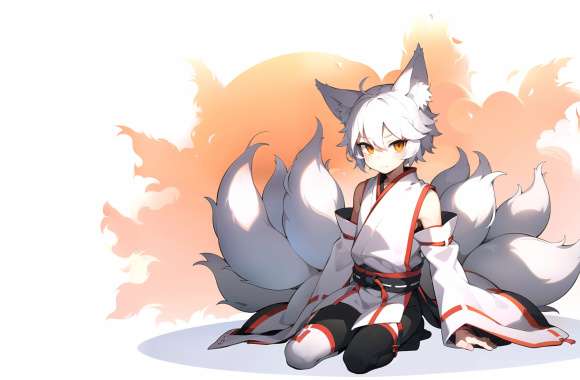 White Hair Fox Ears Kitsune Fox Tail Multiple Tails Anime Boy Anime Boy