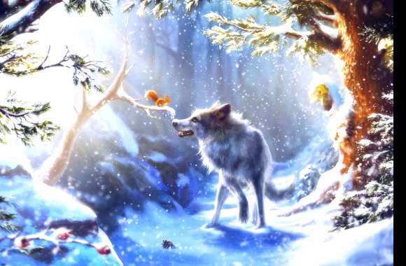 Winter Forest Harmony Wolf and Squirrel