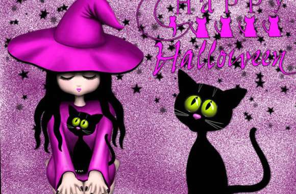 Witch Purple Happy Halloween Cat Holiday Halloween