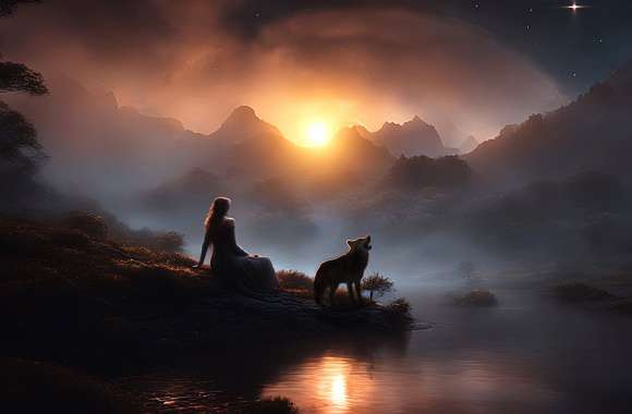 Wolf Woman Sunset Nature Lake