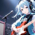 AI Art Anime Girl Guitar Music Headphones Anime Girl high definition photo