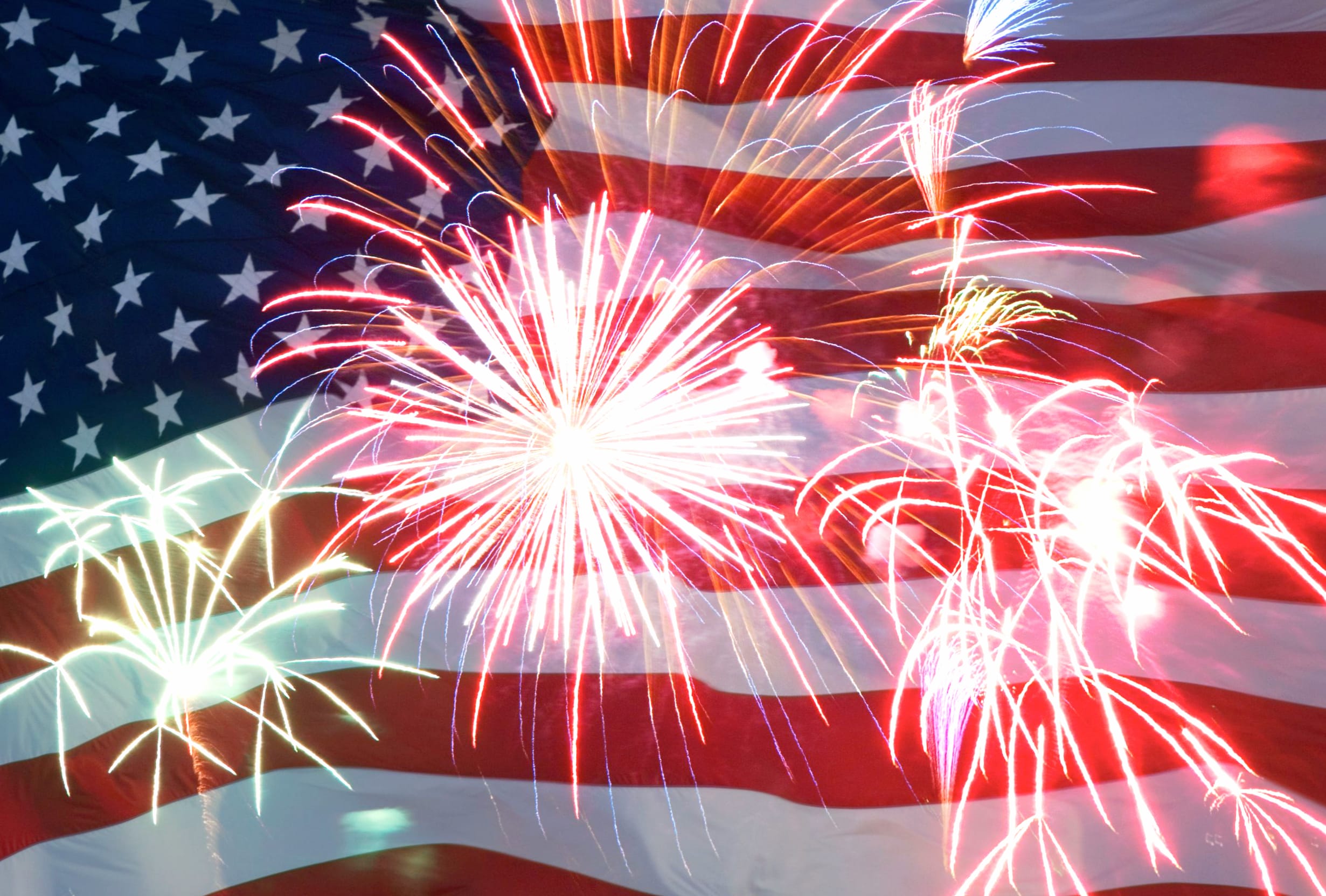 4th of July Fireworks and American Flag at 1600 x 1200 size wallpapers HD quality