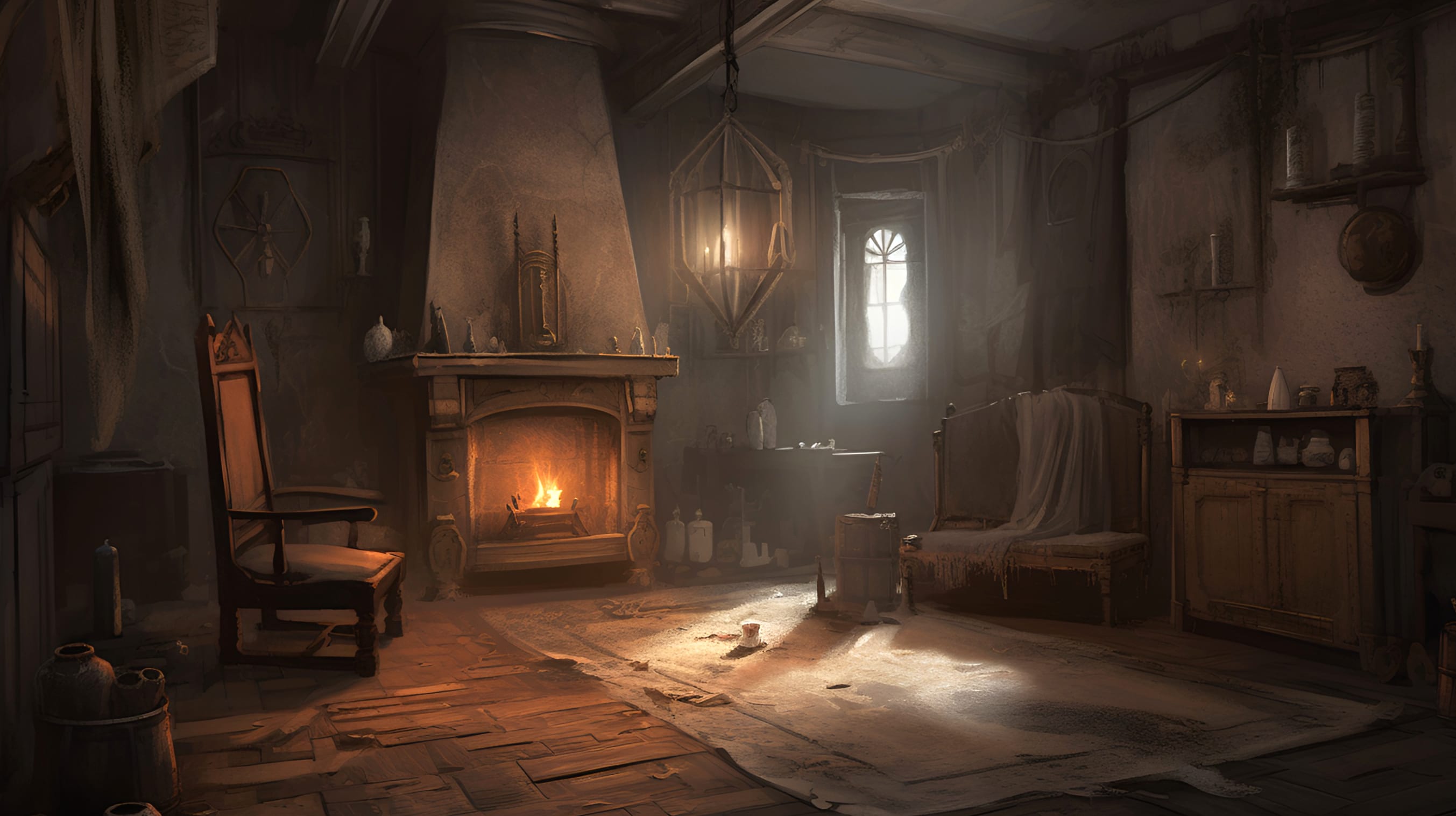 A gloomy room with fireplace wallpapers HD quality