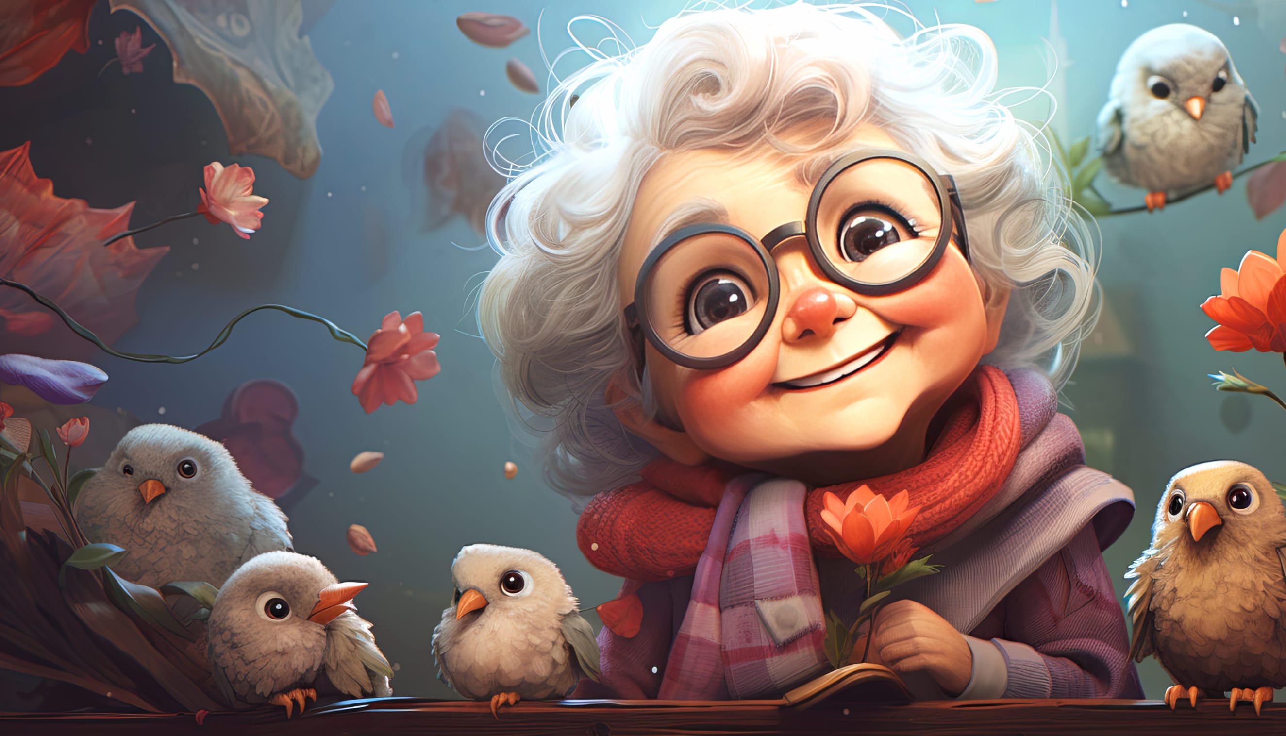 AI-Generated Art Charming Grandmother with Birds at 1600 x 1200 size wallpapers HD quality