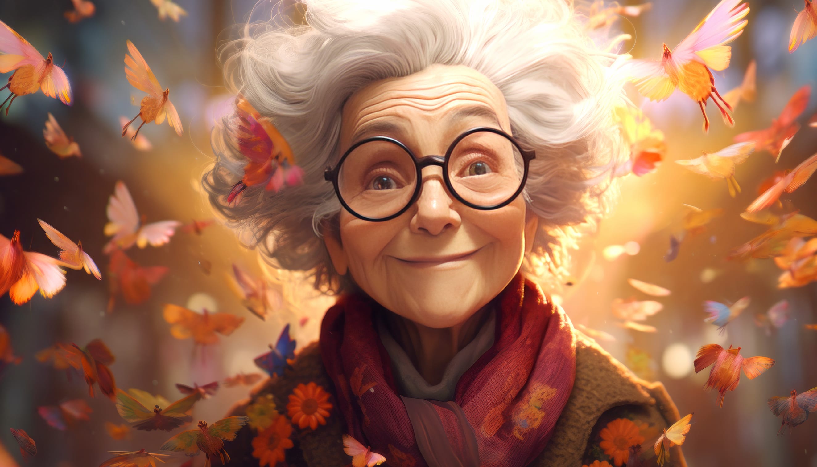 AI-Generated Cheerful Grandmother in Autumn - wallpapers HD quality