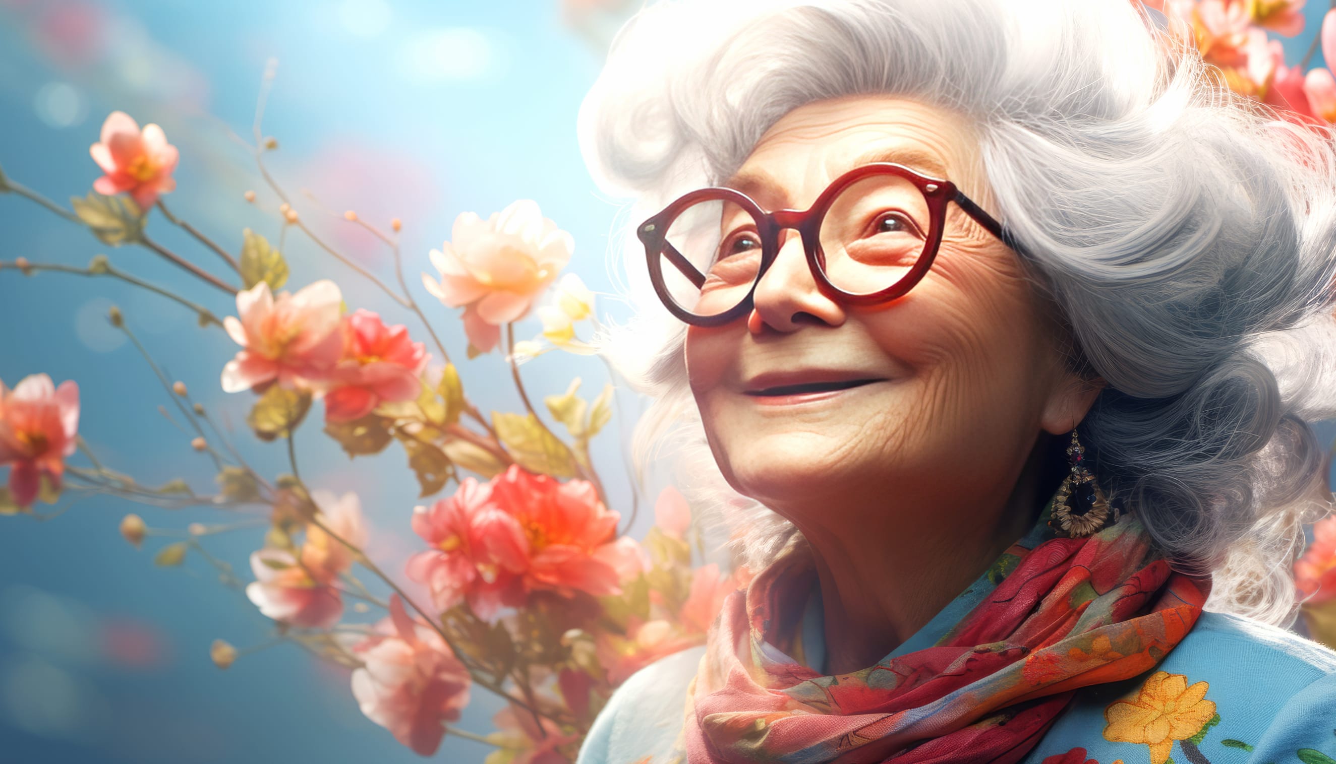 AI-Generated Joyful Grandmother in Spring Blossoms wallpapers HD quality