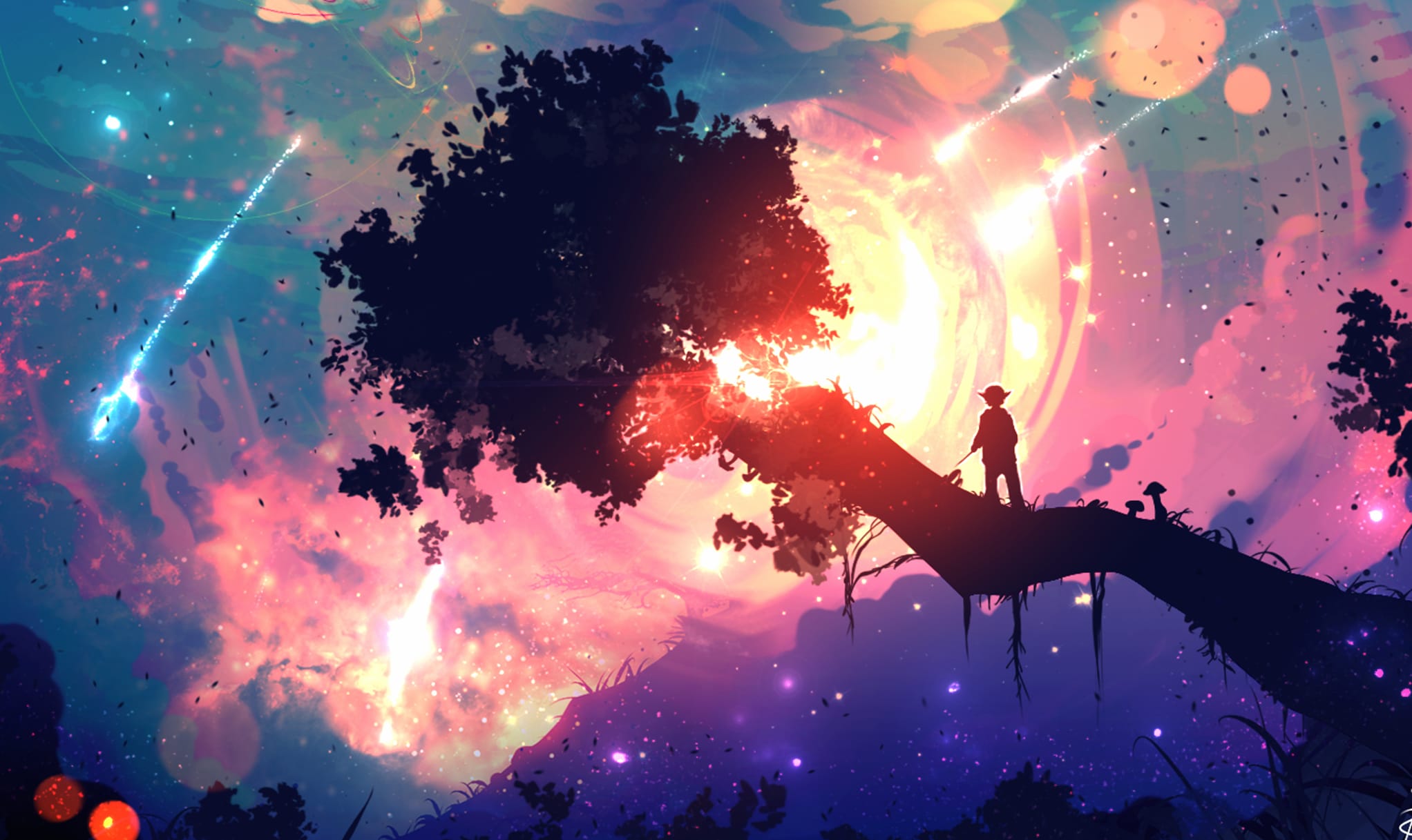 Anime Fantasy Skyscape Comet & Tree wallpapers HD quality