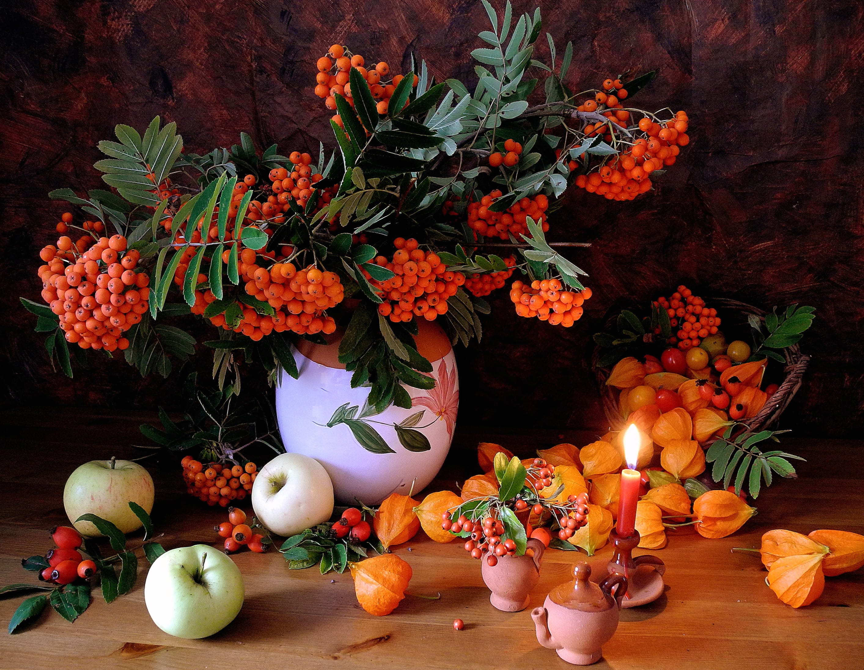 Apricot Vase Leaf Apple Candle Fruit Pitcher Orange (Color) Berry Photography Still Life wallpapers HD quality