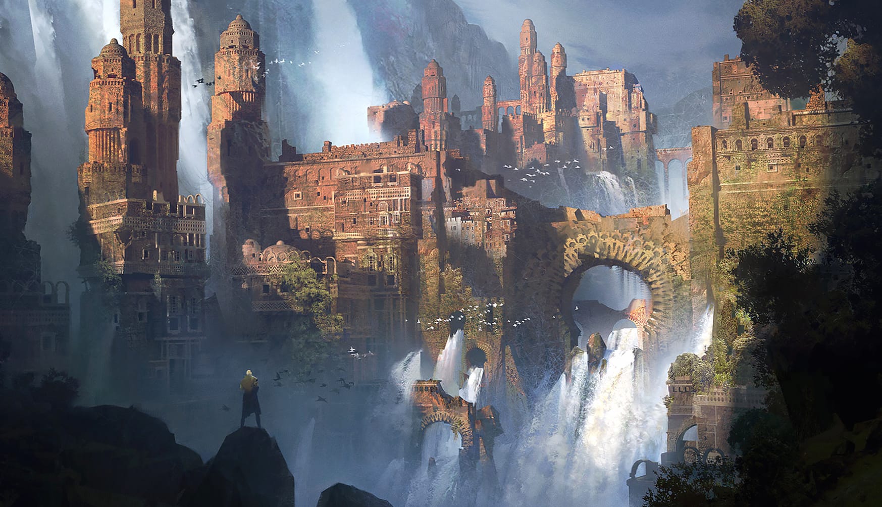 Arch Waterfall Fantasy City at 1366 x 768 HD size wallpapers HD quality