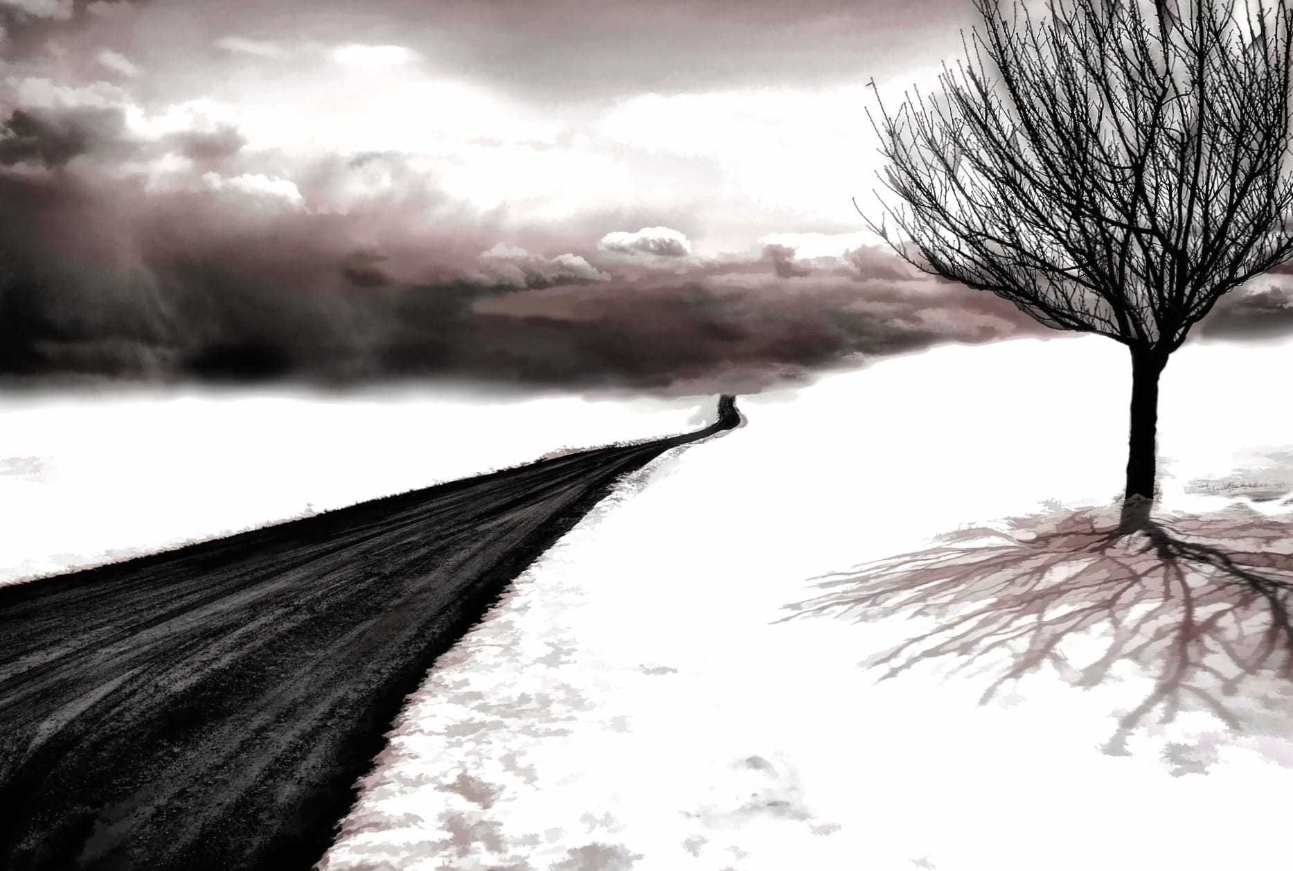 Artistic Black & White Snowy Road Under a Dramatic Sky wallpapers HD quality