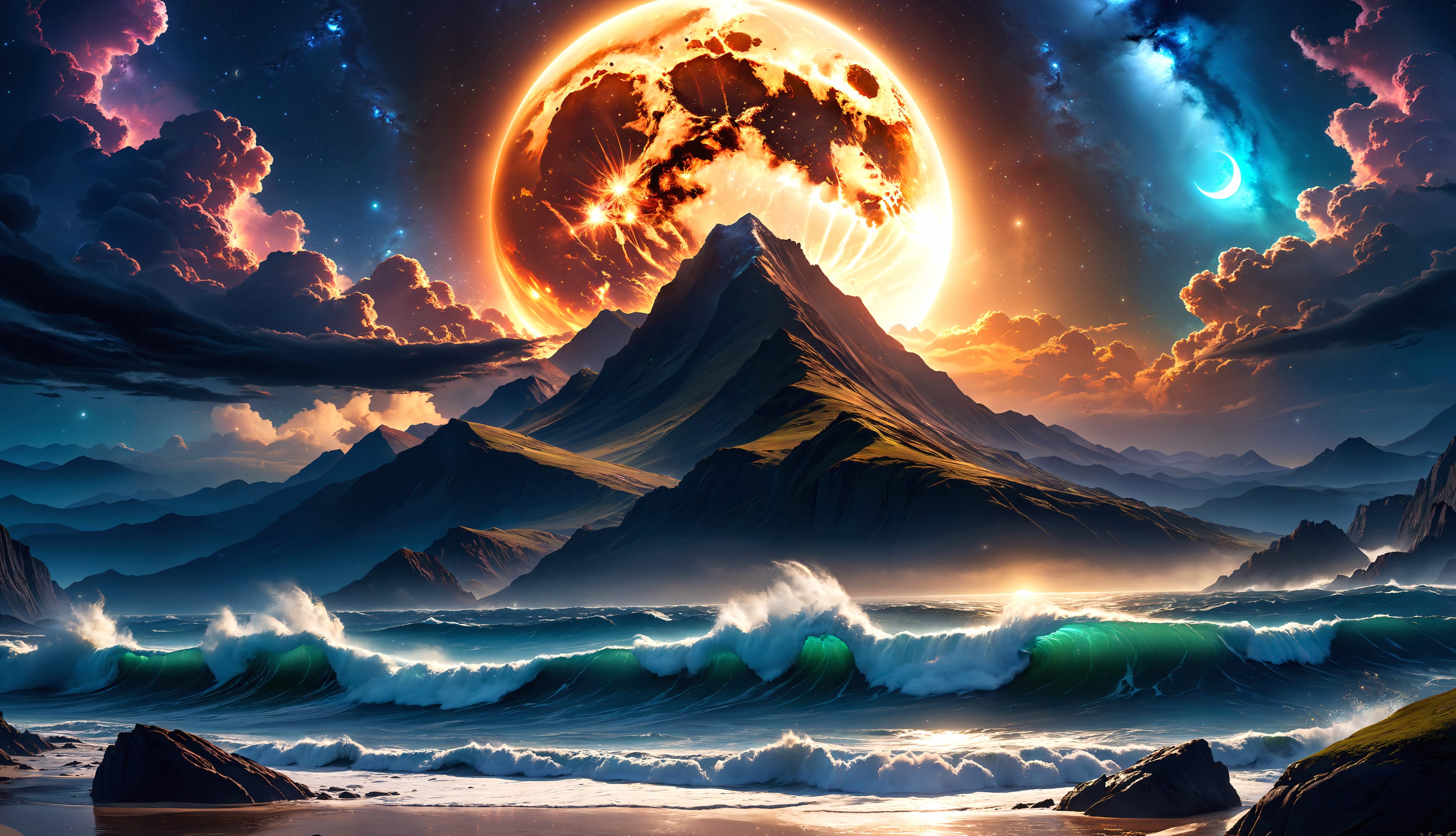 Artistic Landscape Moon Mountain Beach wallpapers HD quality