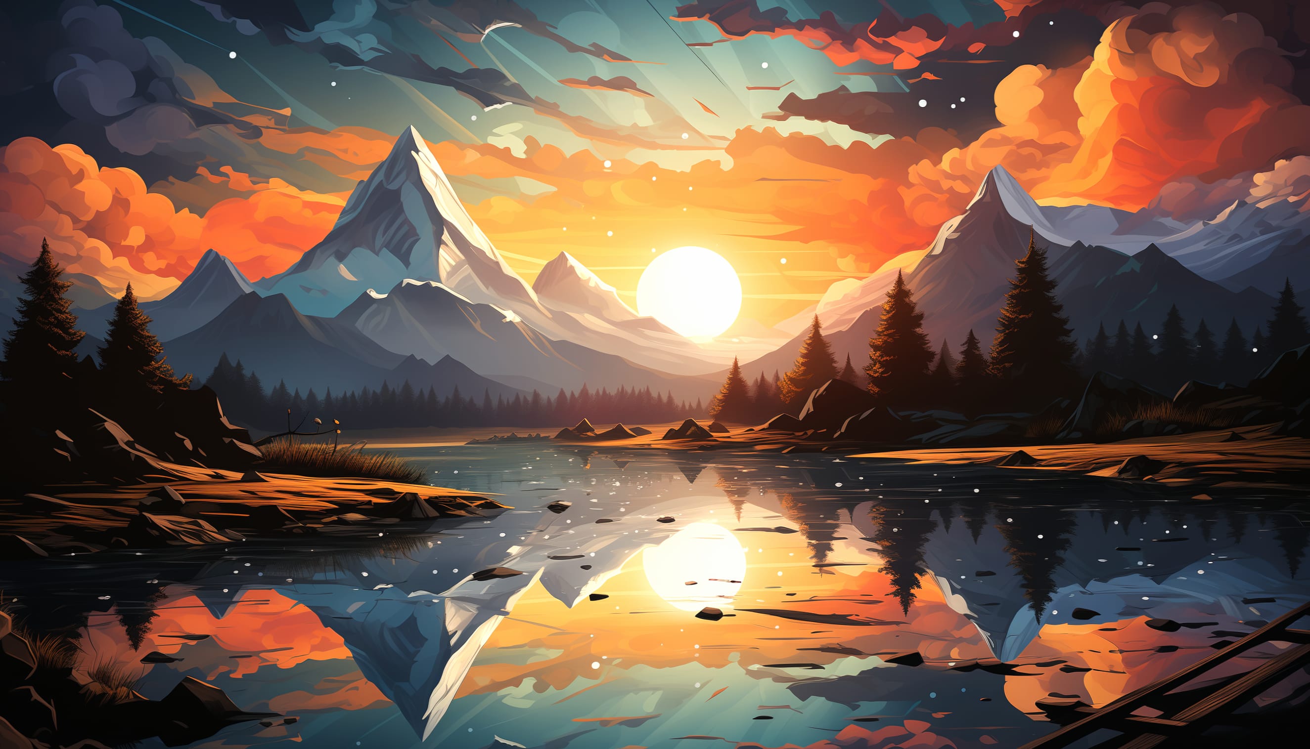 Artistic Mountain Lake Sunset at 1536 x 864 HD size wallpapers HD quality