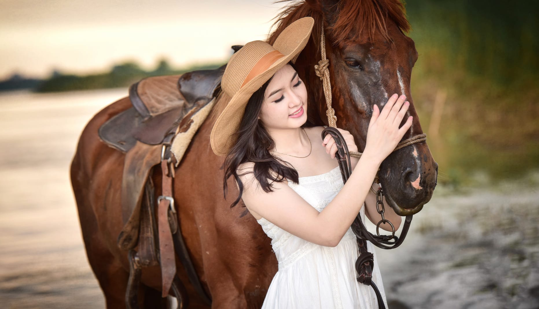 Asian Beauty in White Dress with Horse wallpapers HD quality