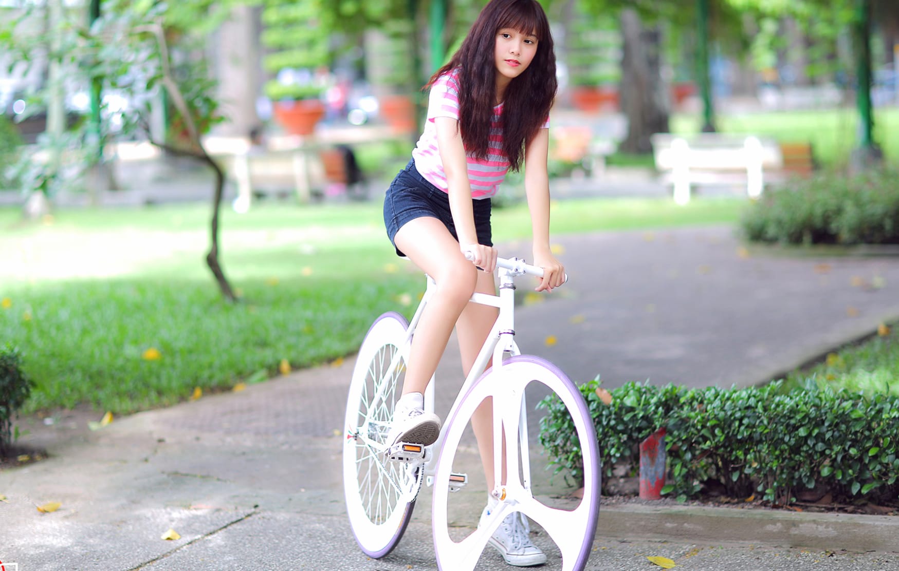 Asian Woman on Bike - wallpapers HD quality