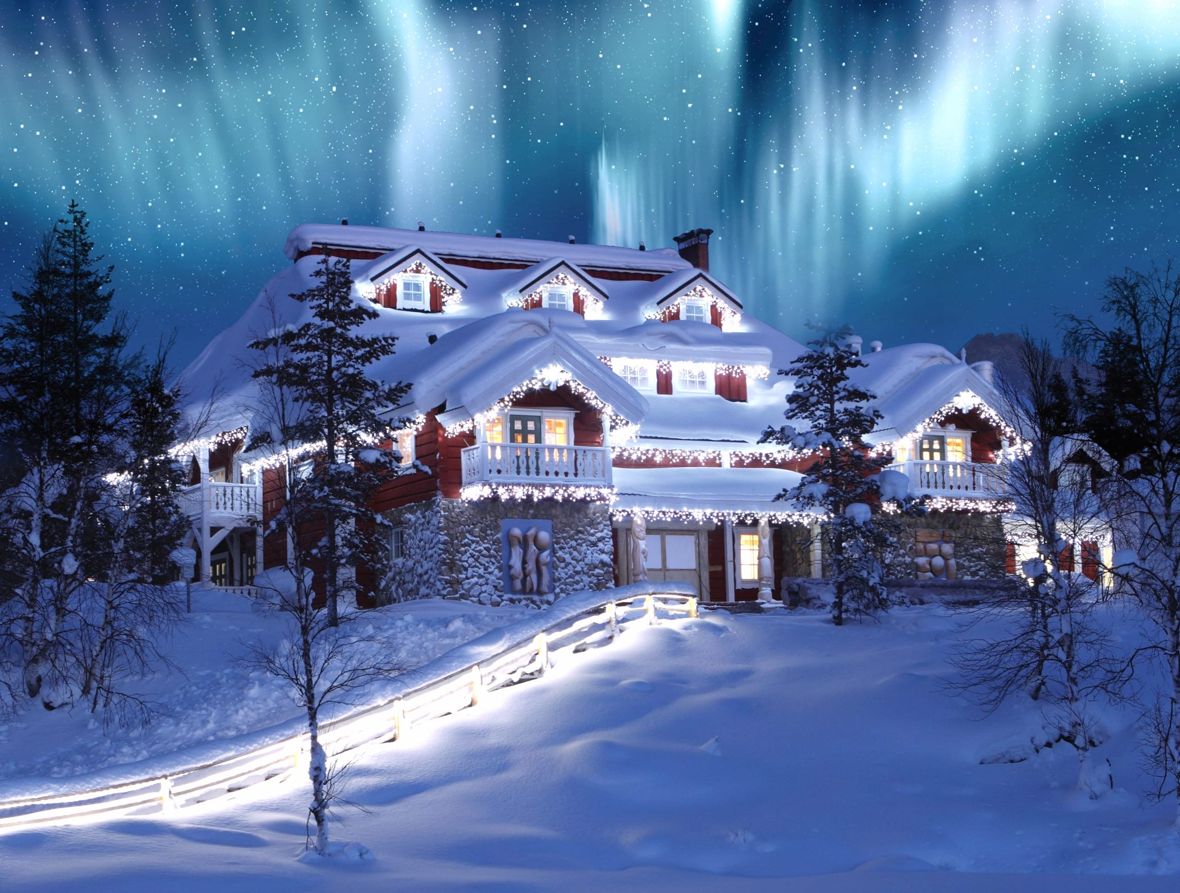 Aurora Winter Mansion HD Holiday Wallpaper at 1334 x 750 iPhone 7 size wallpapers HD quality