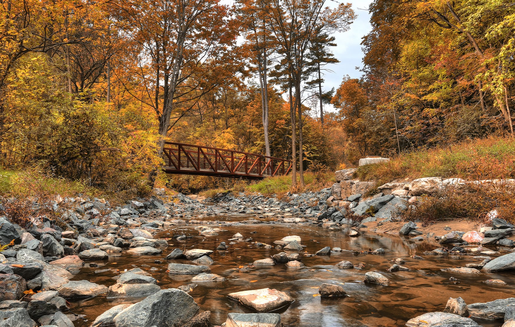 Autumn Serenity of a Bridge Over a Tranquil Stream wallpapers HD quality