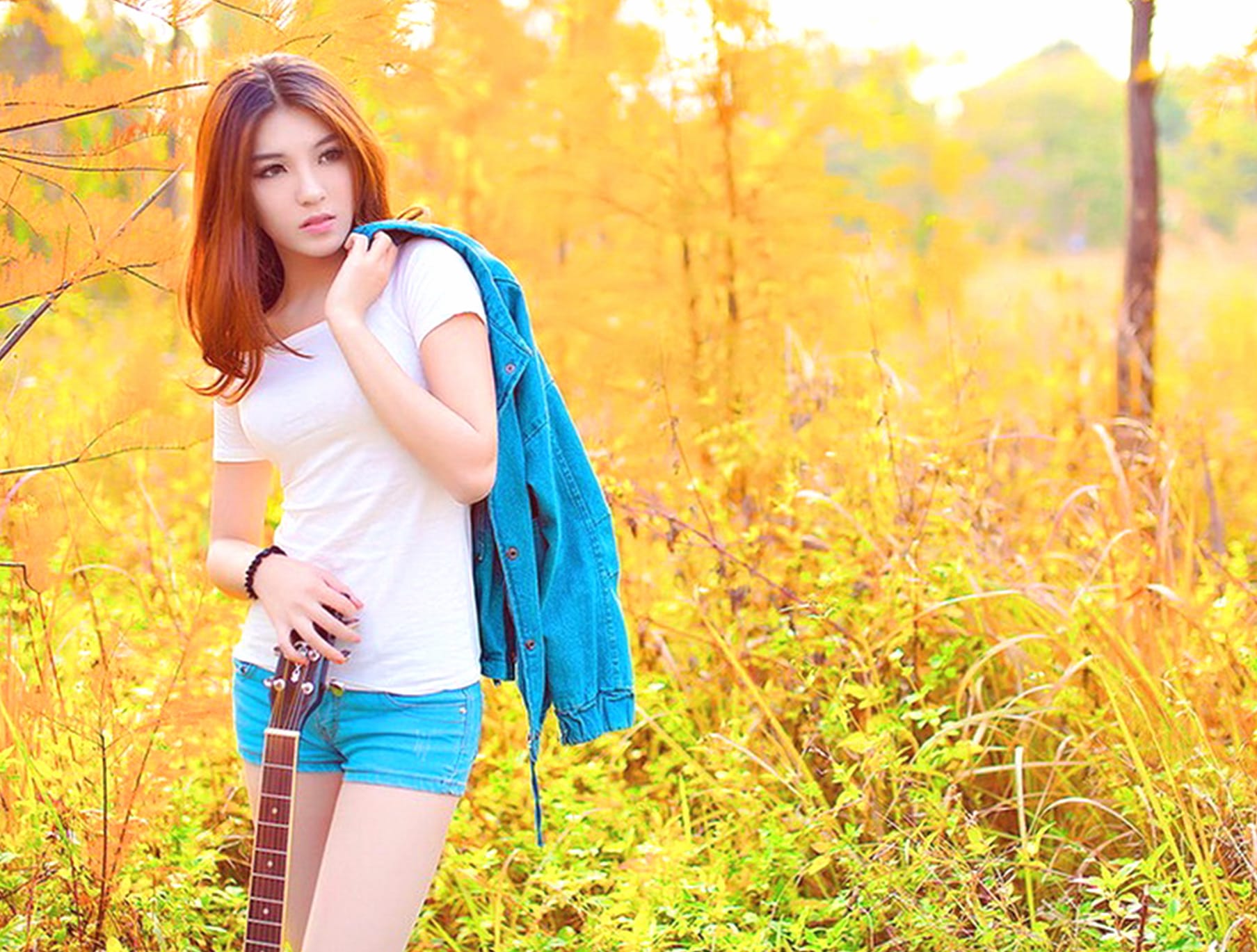 Autumn Stroll Asian Woman at 1920 x 1080 HD size wallpapers HD quality