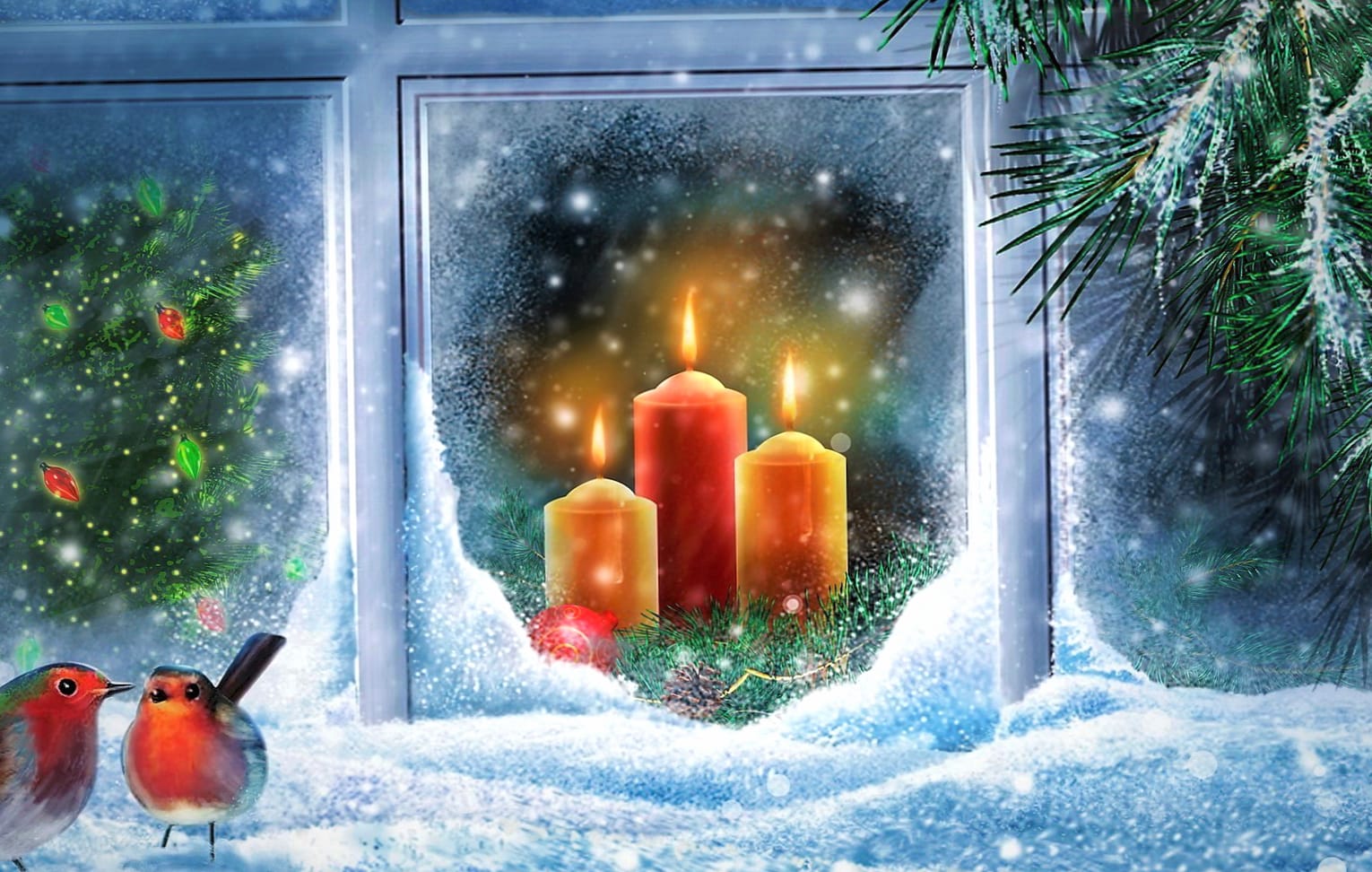 Bird Light Candle Snow Window Holiday Christmas Wallpaper wallpapers HD quality