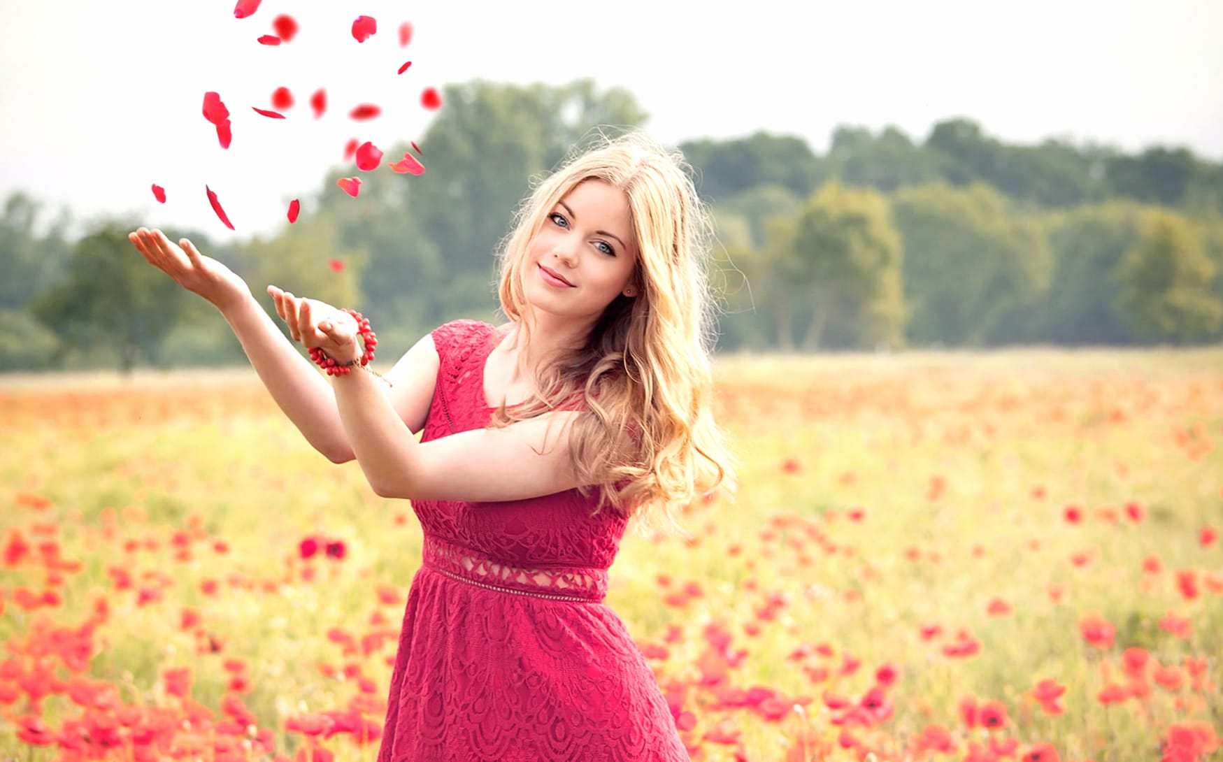 Blonde Beauty in Red Dress - HD Field Wallpaper wallpapers HD quality