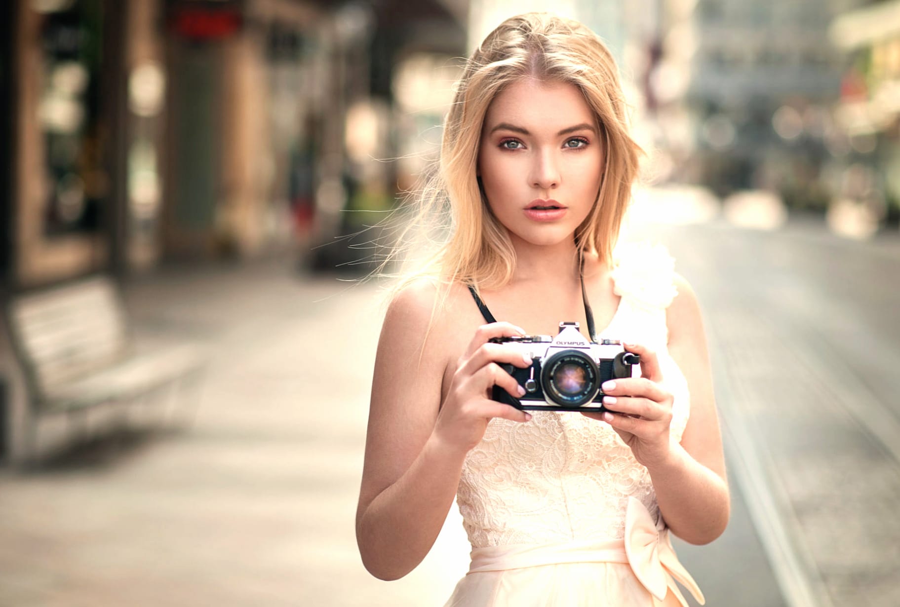 Blonde Model with Olympus Camera - at 1334 x 750 iPhone 7 size wallpapers HD quality