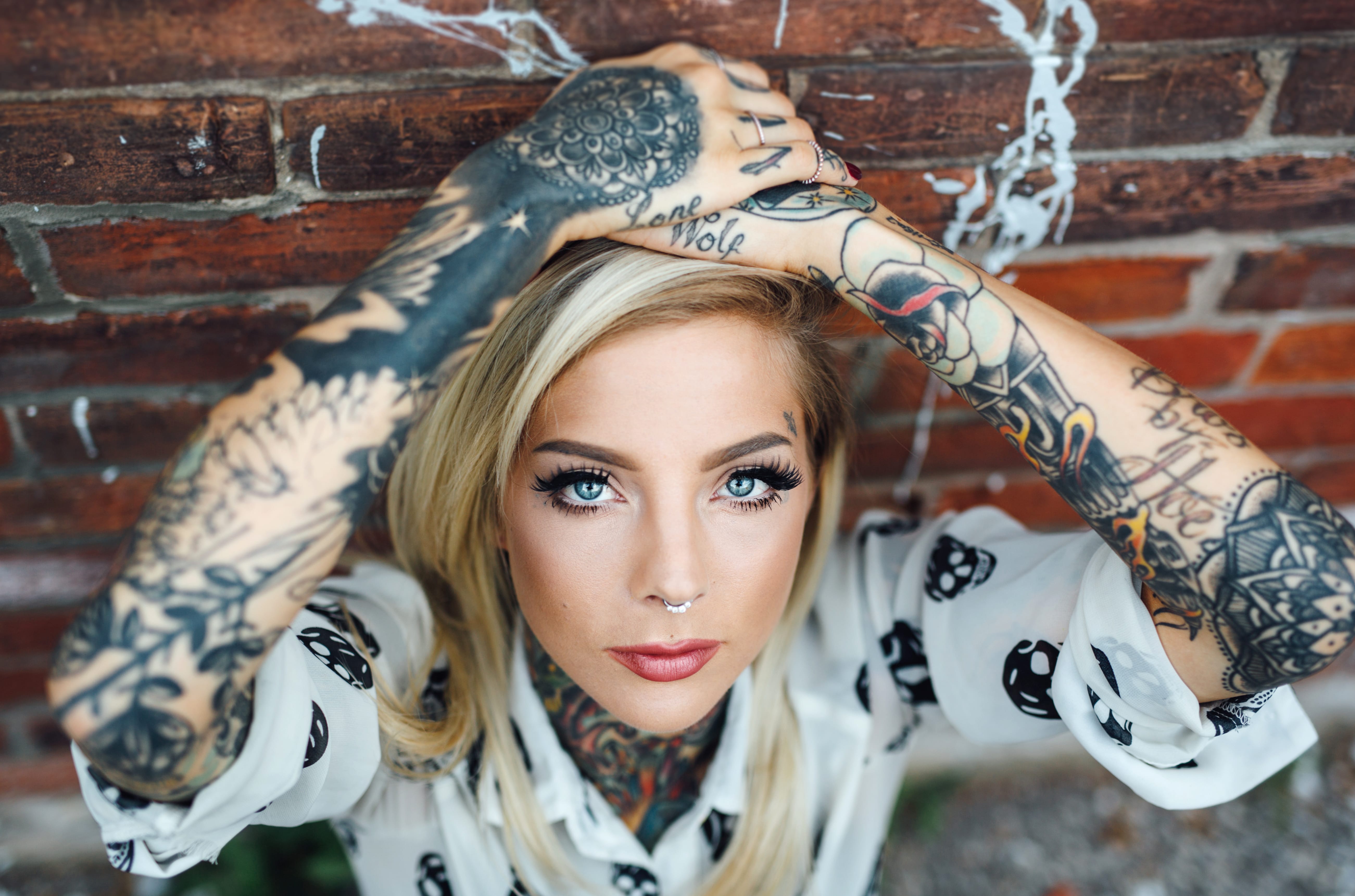 Blonde Tattooed Model with Blue Eyes - at 1600 x 1200 size wallpapers HD quality