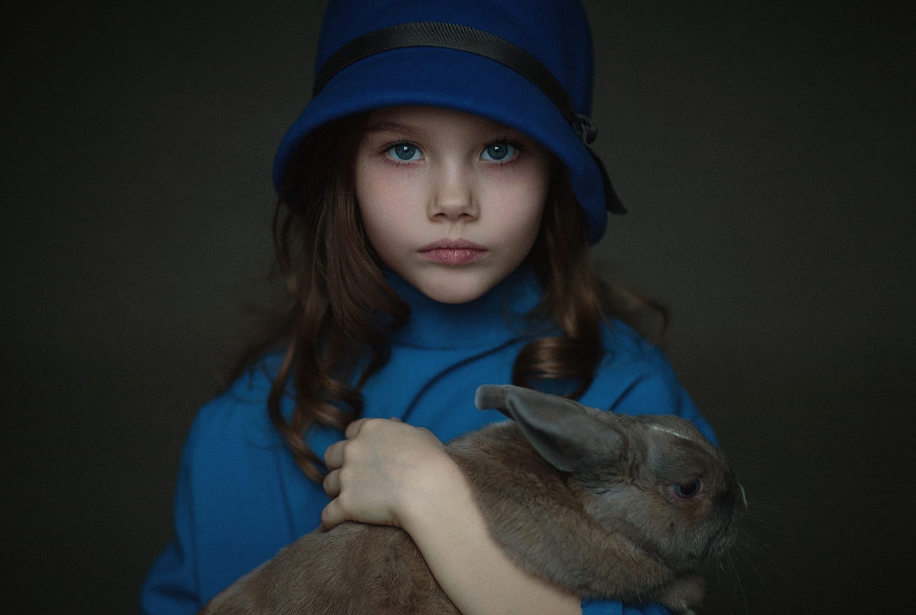 Blue-Eyed Brunette with Rabbit - wallpapers HD quality