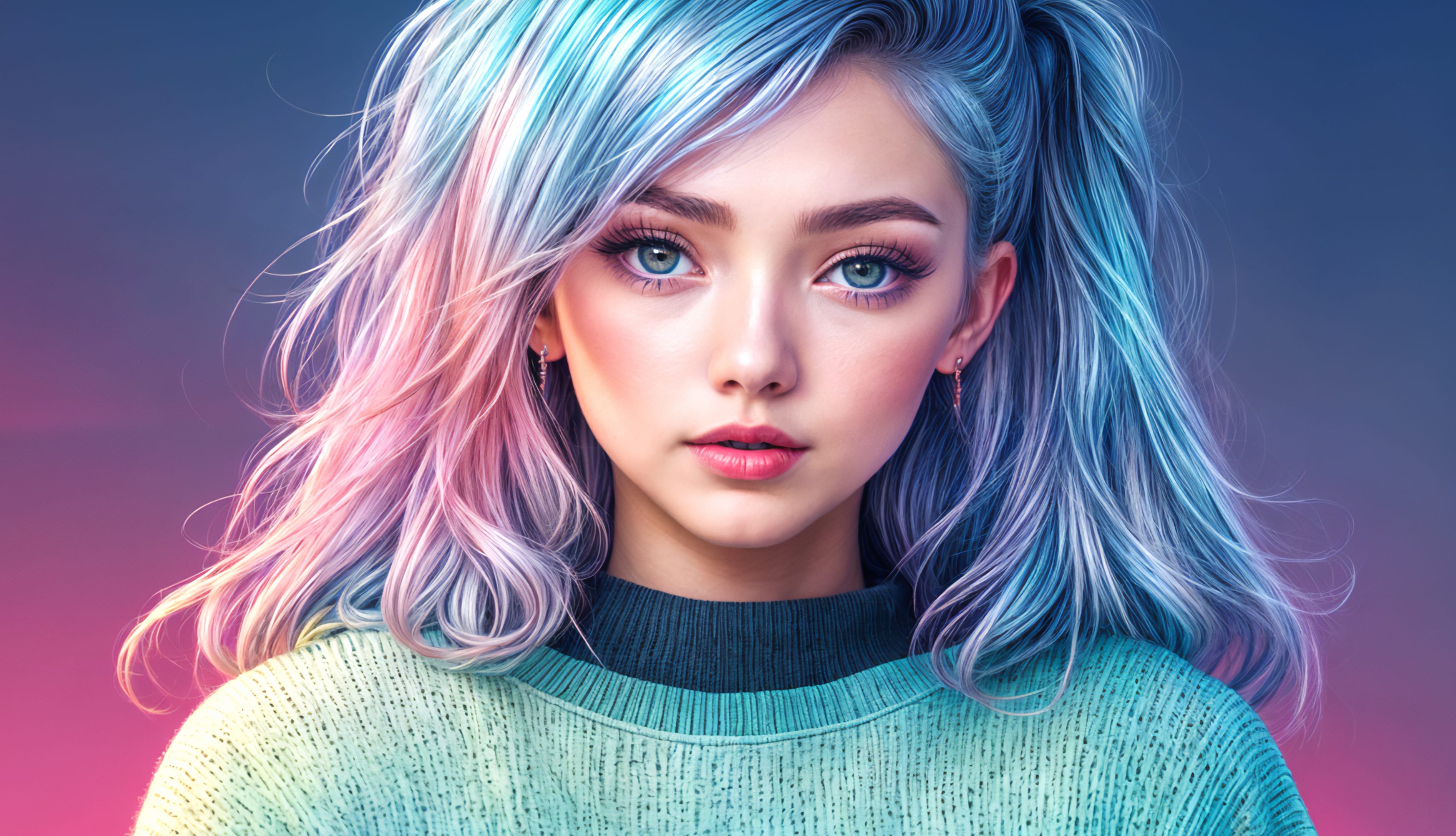 Blue hair Asian Girl at 2048 x 2048 iPad size wallpapers HD quality