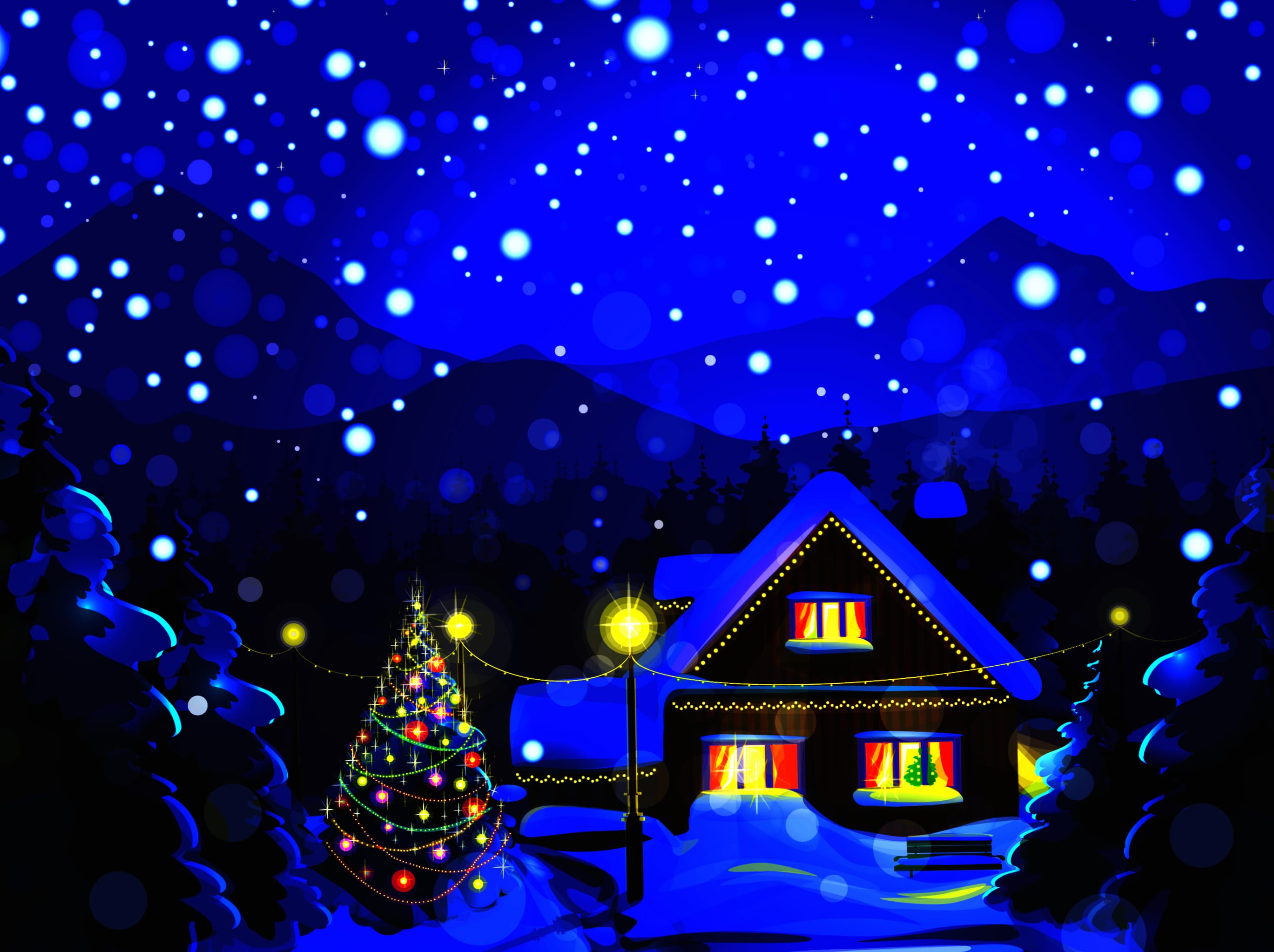 Blue Tree Snow Light Christmas Tree House Holiday Christmas wallpapers HD quality