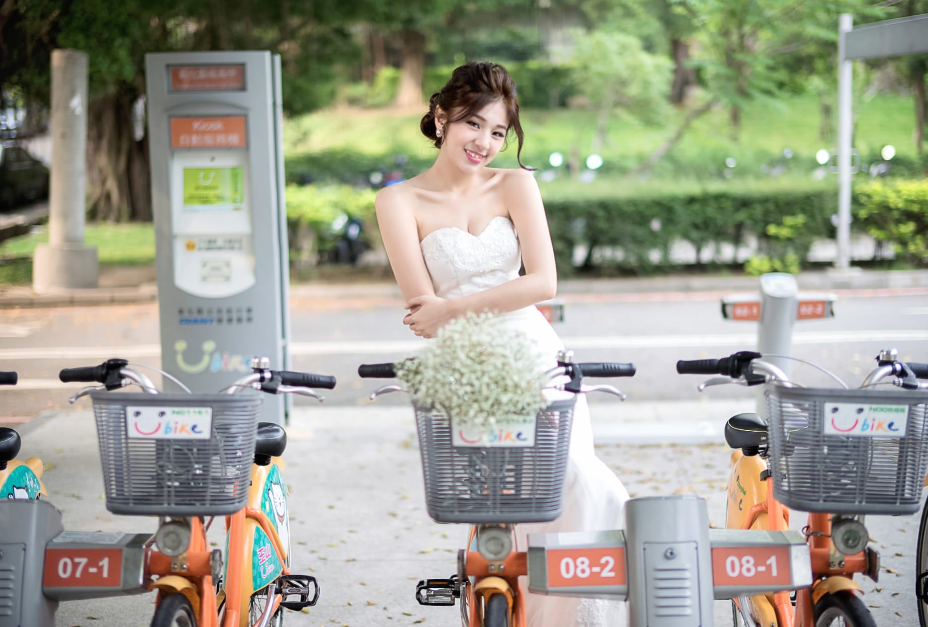 Bride in Wedding Dress with Bicycle - wallpapers HD quality