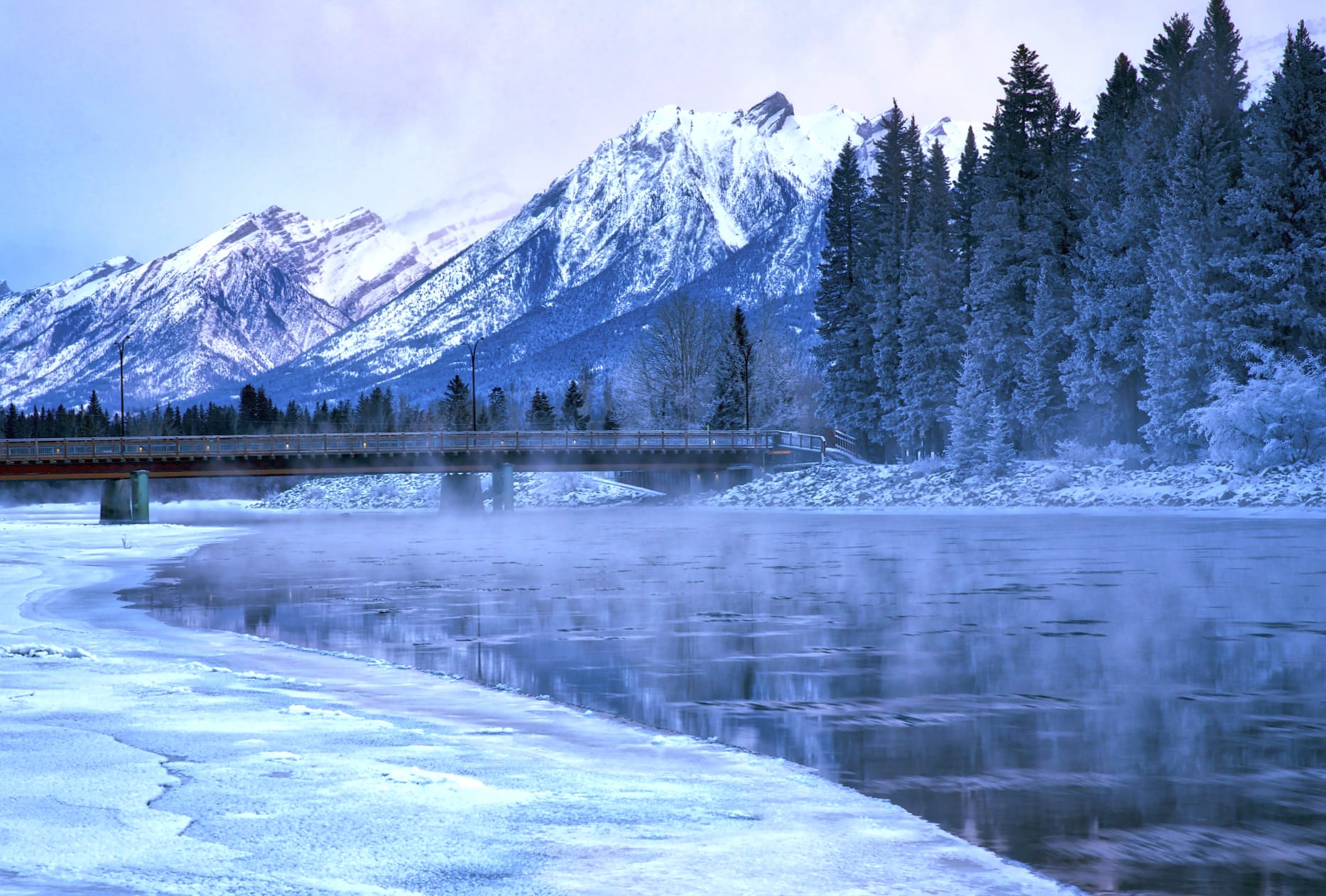 Bridge Ice Mountain River Nature Photography Winter at 1334 x 750 iPhone 7 size wallpapers HD quality