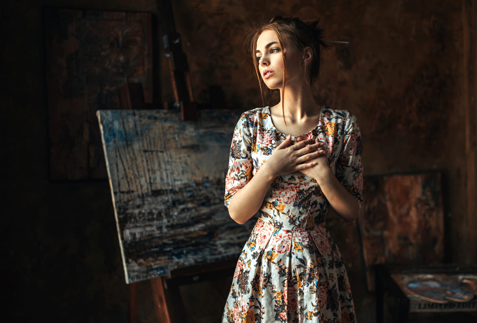 Brunette Beauty in Art Studio - wallpapers HD quality