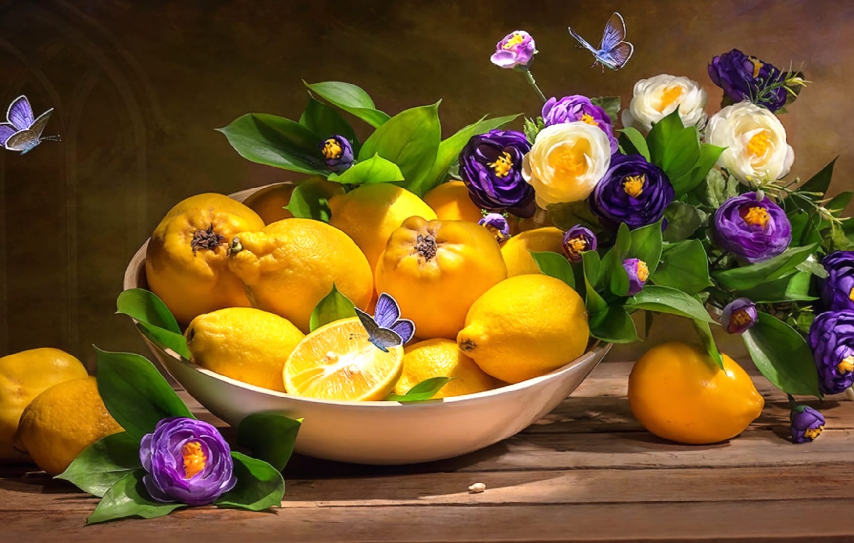 Butterfly Lemon Bowl Flower Fruit Photography Still Life wallpapers HD quality