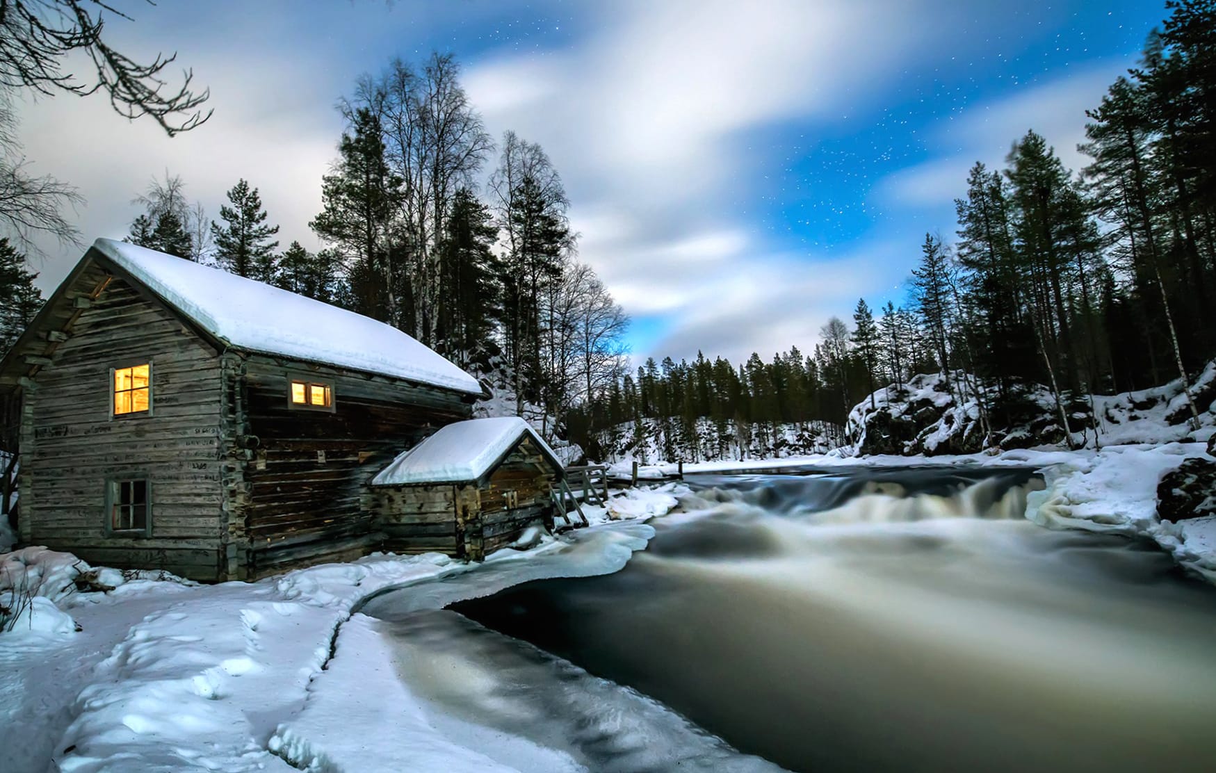 Cabin Forest River House Snow Photography Winter wallpapers HD quality