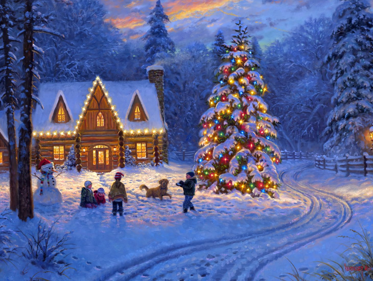 Child Snowman Light Christmas Tree House Snow Holiday Christmas Wallpaper wallpapers HD quality