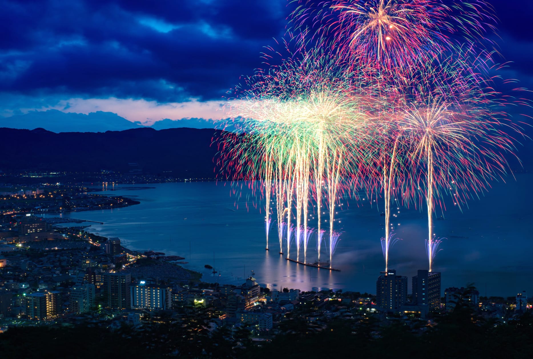 Coastline Night City Japan Photography Fireworks at 640 x 1136 iPhone 5 size wallpapers HD quality