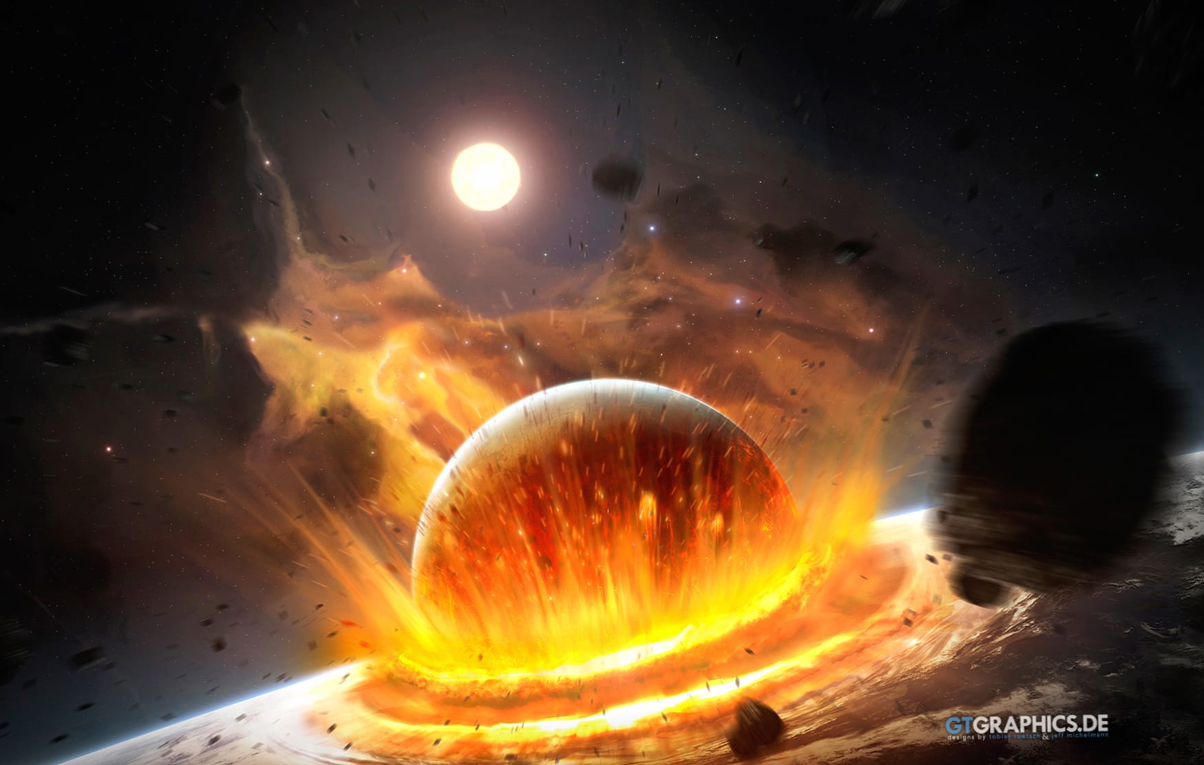 Cosmic Collision of Asteroid Explosions and Planetary Mayhem at 1024 x 1024 iPad size wallpapers HD quality