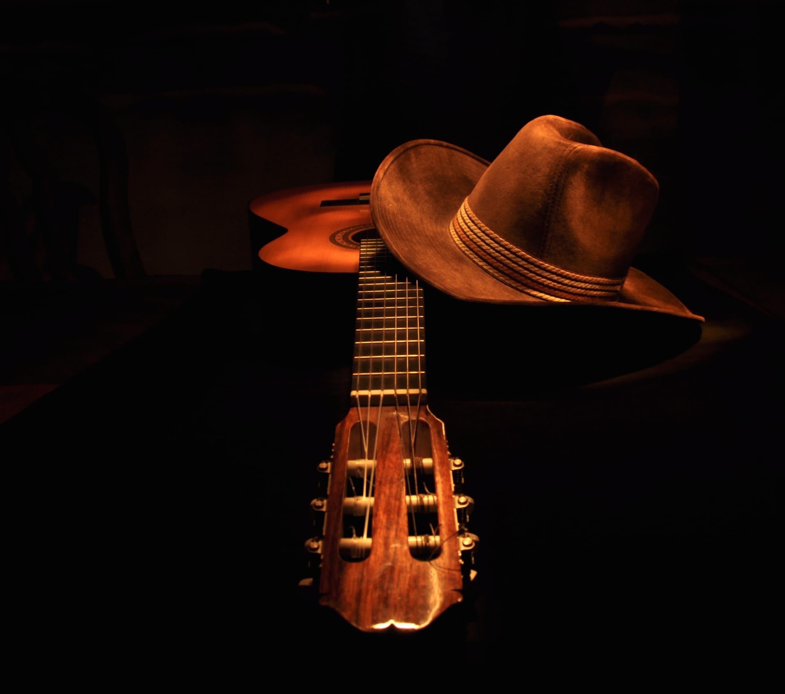 Country Vibes of Guitar and Hat Still Life at 640 x 1136 iPhone 5 size wallpapers HD quality