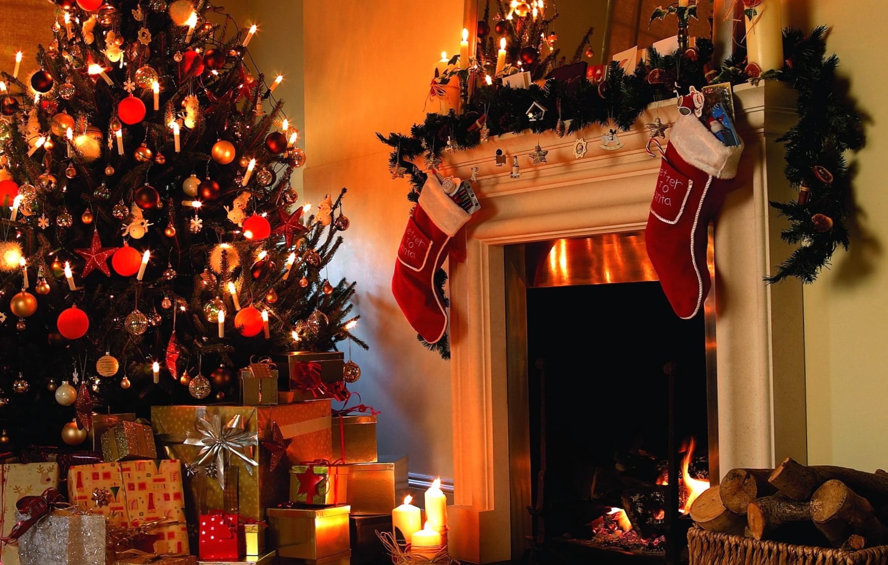 Cozy Christmas Charm of Ornaments and a Warm Fireplace at 1152 x 864 size wallpapers HD quality