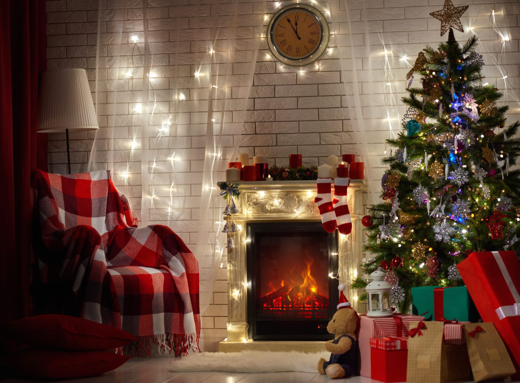 Cozy Christmas Retreat of a Festive Fireplace and Tree at 750 x 1334 iPhone 6 size wallpapers HD quality