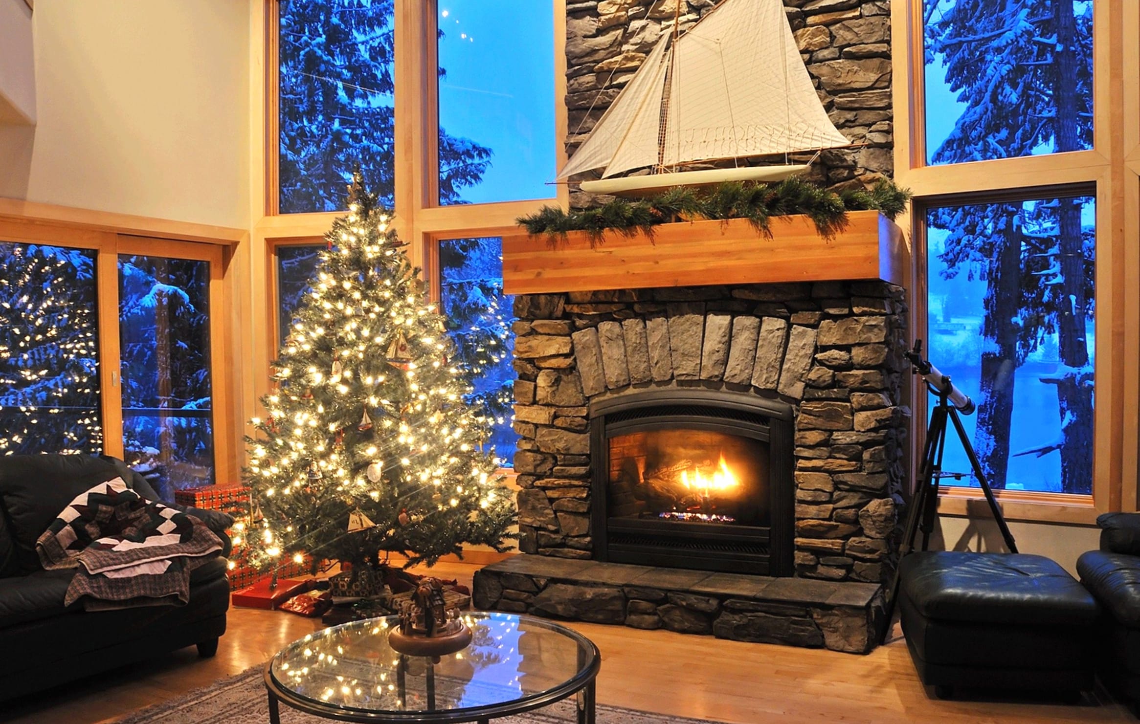 Cozy Christmas Retreat with Tree and Fireplace wallpapers HD quality